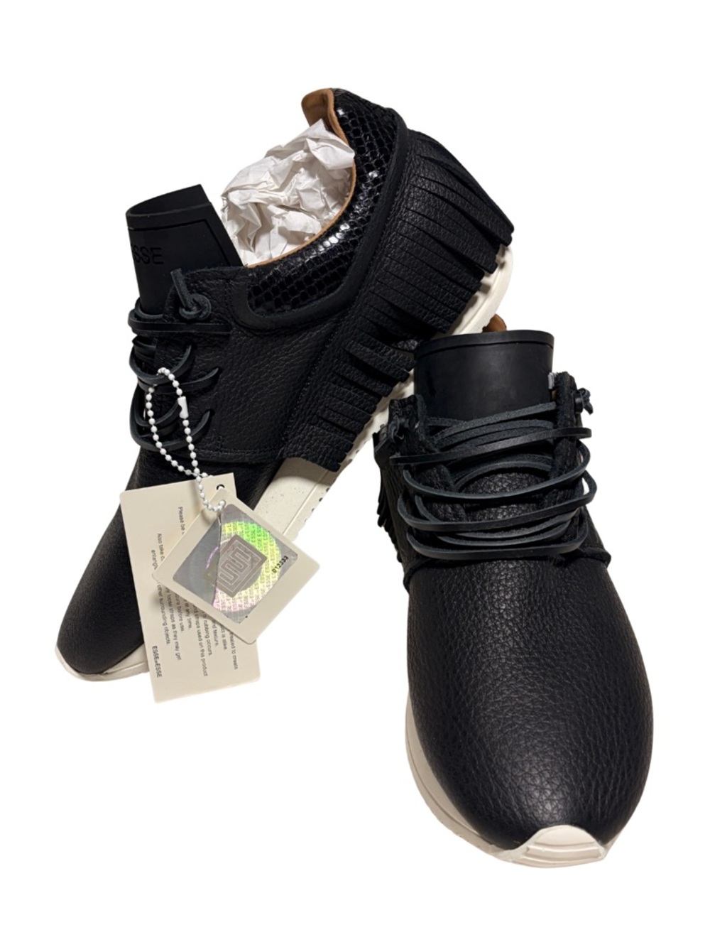 ESSEutESSE new Black Fringe Embossed Snakeskin Leather Lace Sneakers + Box - Picture 9 of 17